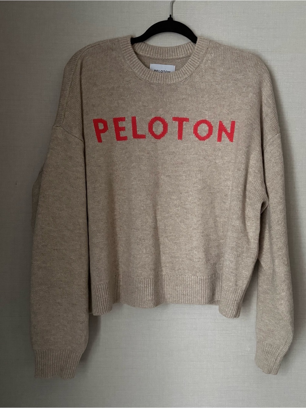 Peloton Beige Crewneck Sweater with Red Logo